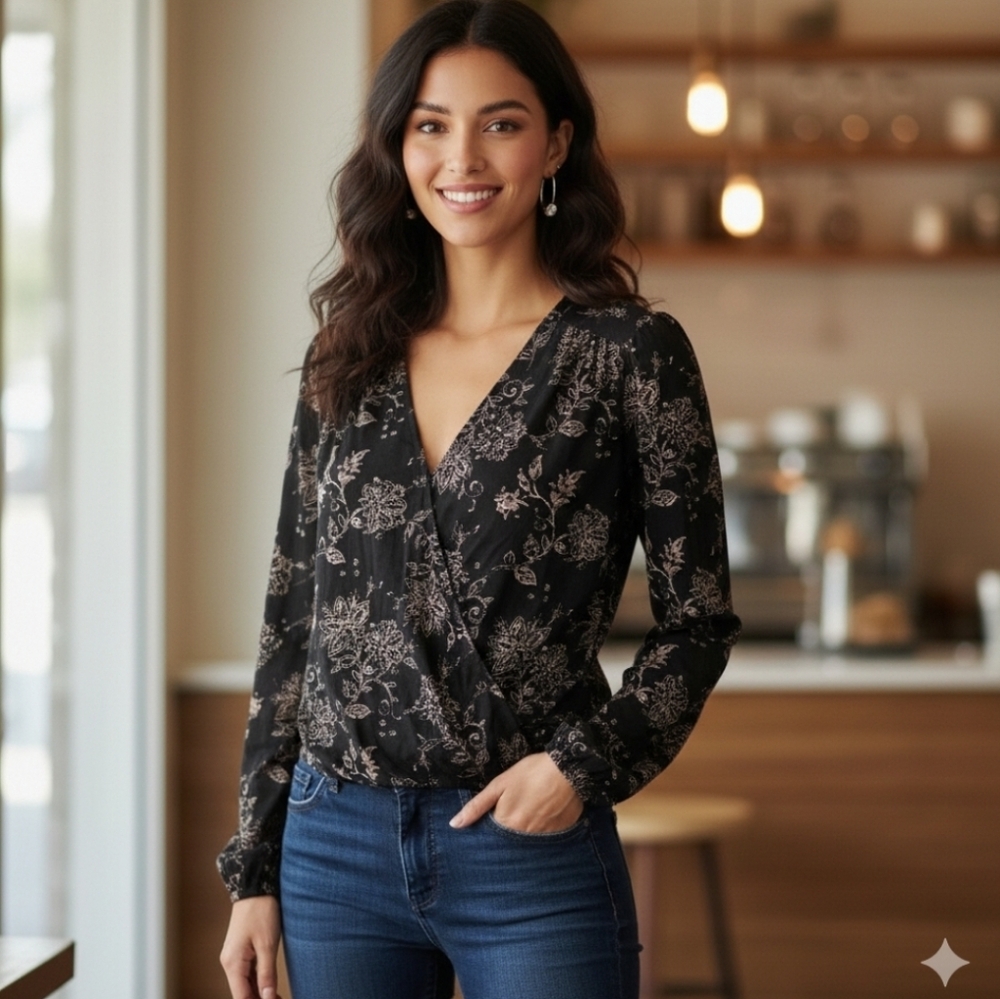 Knox Rose Top Women's S Black Floral Crossover Knit Long Sleeve NEW
